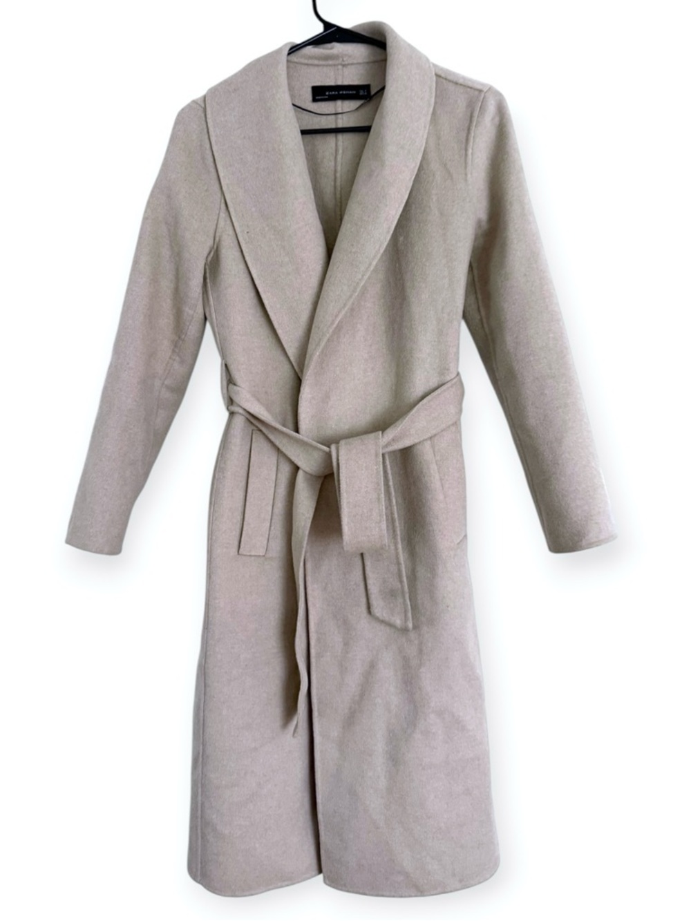 Zara Belted Wool Blend Taupe Nude Light Beige Coat Long Wrap Size S Quiet Lux